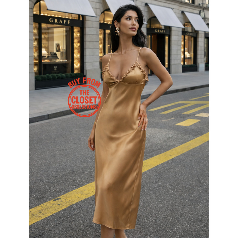 Zara NWT Gold Satin Ruffle Trim Slip Midi Dress S L XL